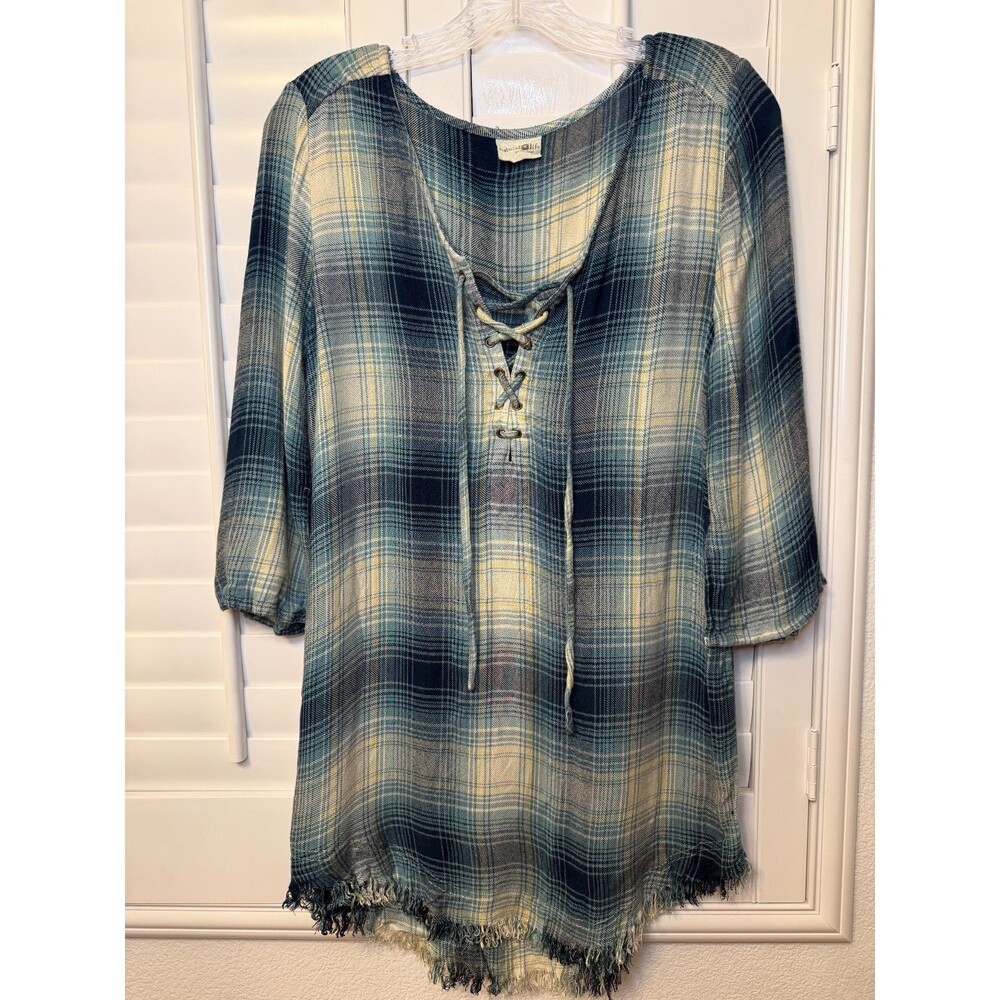 Natural Life Plaid Lace Up Frayed Fringe Hem Rayon Tunic Blouse Size Small